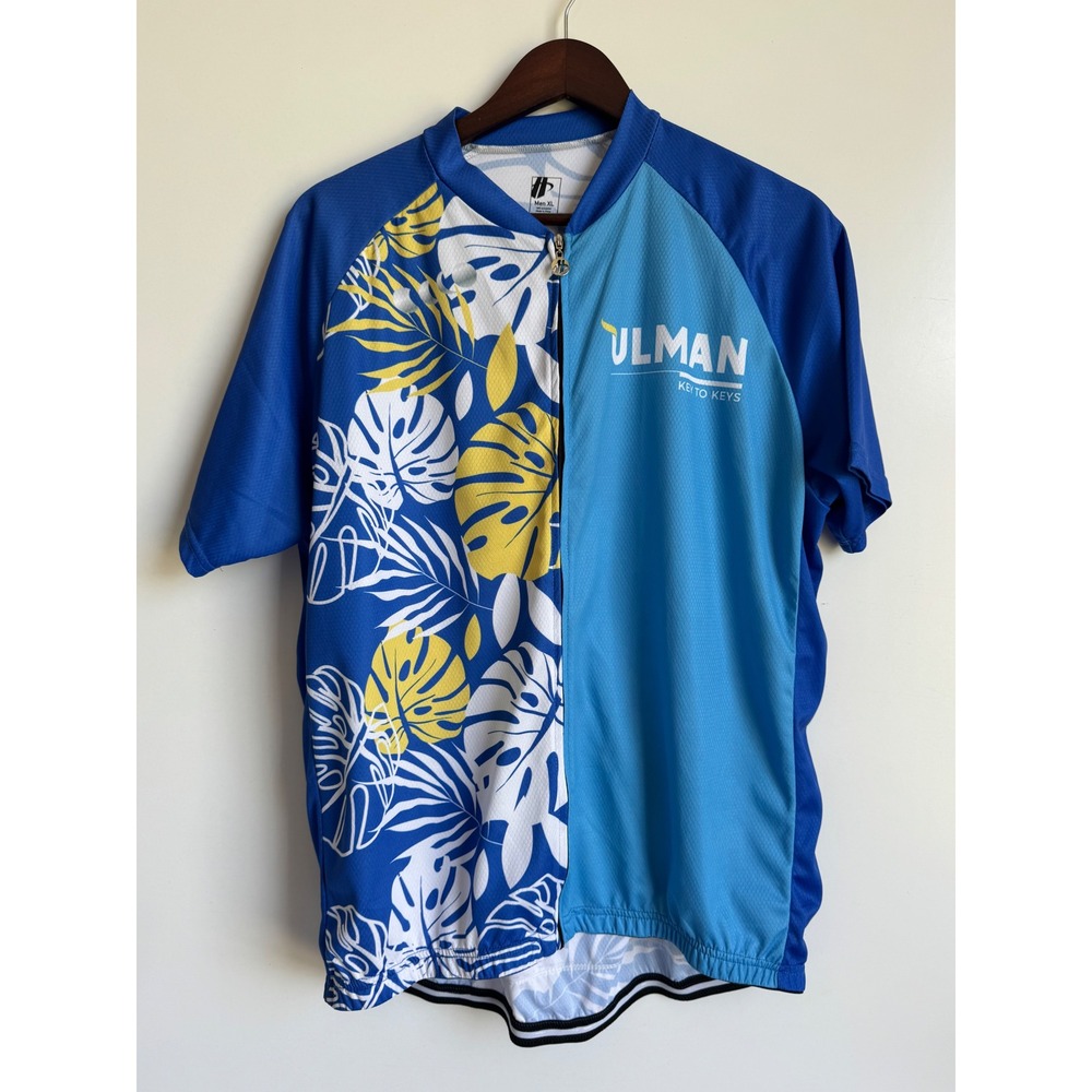 Hincapie Men XL Ulman Key to Keys Cycling Jersey Blue Tropical Monstera Leaf Zip